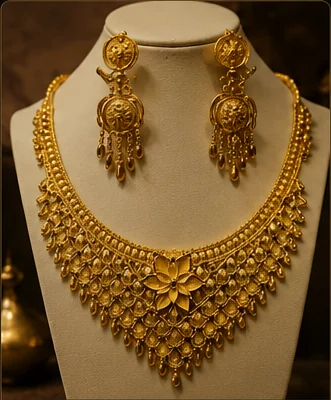 Traditional gold necklace set with earrings